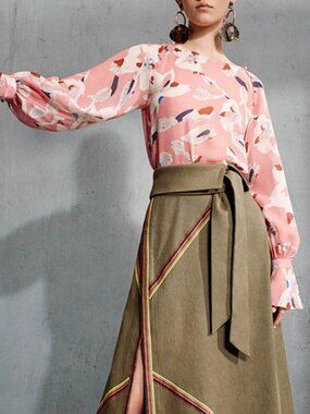 Tanya Taylor Silk Floral Hand-Painted Pink Boat Neck Bell Cuff Top 4